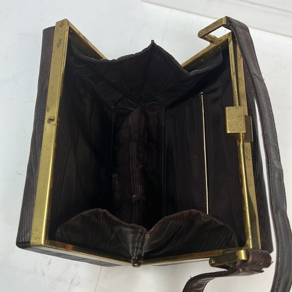 Harry Revits Lizard Reptile Dark Brown and Brass Structured Leather Box Handbag - Picture 10 of 13